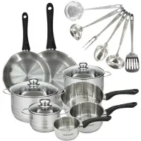 Fackelmann Set 2 pannen 24 28 cm, 3 steelpannen 12 16 20 cm, 3 braadpannen 16, 20 en 24 cm van roestvrij staal en 6 roestvrijstalen keukengerei Geneva