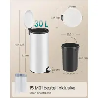 Songmics Ronde afvalbak van 30 liter met pedaal - Uitneembare binnenemmer - Wolkwit - 29,5 x 37,1 x 63 cm - Wolkenwit