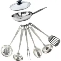Fackelmann Set pan 20 cm roestvrij staal, glazen deksel en 6 roestvrijstalen keukengerei Eterna