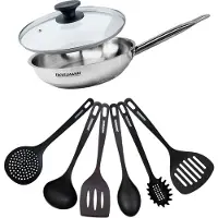 Fackelmann Set van 1 pan van 28 cm roestvrij staal 1 glazen deksel en 6 Eterna keukengerei