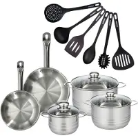 Fackelmann Set 2 pannen 20 24 cm roestvrij staal, 3 roestvrijstalen kookpotten 16, 20 en 24 cm en 6 RPET keukengerei Eterna