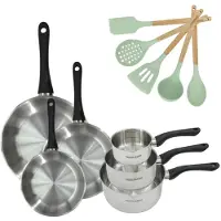 Fackelmann Set van 3 pannen 20/24/28 cm van roestvrij staal en 3 steelpannen 12/16/20 cm Geneva met 5 keukengerei