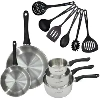 Fackelmann Set 2 pannen 20 en 28 cm 3 steelpannen 12 16 en 20 cm roestvrij staal en 6 keukengerei Geneva