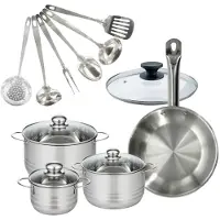 Fackelmann Set 1 pan 28 cm roestvrij staal en deksel, 3 roestvrijstalen kookpotten 16, 20 en 24 cm en 6 roestvrijstalen keukengerei Eterna