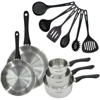 Fackelmann Set 2 pannen 24 en 28 cm 3 steelpannen 12 16 en 20 cm roestvrij staal en 6 keukengerei Geneva