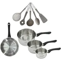 Fackelmann 9222650 Set van 3 RVS Kookpannen 12/16/20 cm & RVS Koekenpan 24 cm Geneva Zonder PFAS met 5 Keukengerei