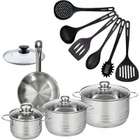 Fackelmann Set 1 pan 20 cm roestvrij staal en 1 glazen deksel, 3 roestvrijstalen kookpotten 16, 20 en 24 cm en 6 RPET keukengerei Eterna