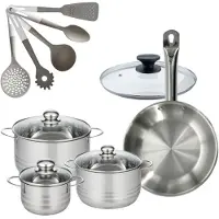 Fackelmann 9218350 RVS Koekenpan 28 cm Eterna & 3 RVS Kookpannen 16/20/24 cm Zonder PFAS met 5 Keukengerei
