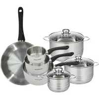 Fackelmann Set van 1 koekenpan 28 cm, 3 steelpannen 12 16 20 cm en 3 braadpannen 16, 20 en 24 cm in roestvrij staal Geneva