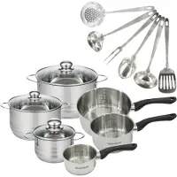 Fackelmann Set van 3 roestvrijstalen steelpannen 12 16 20 cm en 3 roestvrijstalen braadpannen 16, 20 en 24 cm en 6 Geneva keukengerei