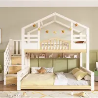 STILVORA Stapelbed 90x200 cm en 140x200 cm – Huisbed met trapkast en opbergruimte – Voor kinderen en gezin – Hout en wit – Zonder matras