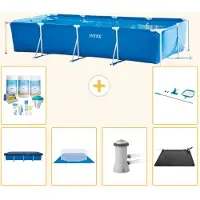 Intex Zwembad - Opzetzwembad - Rechthoekig - 450 x 220 x 84 cm - Blauw - Inclusief Pomp - Verwarmingsmat - Chloorpakket - Onderzeil - Afdekzeil - Schoonmaaktset