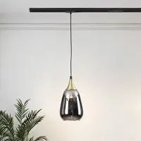 LumenXL 1-fase rail hanglamp Noi goud met smoke druppelvormig glas en spiegeleffect