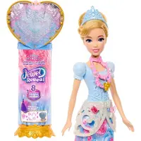 Disney Jewel Reveal Cinderella Doll, Accessories with 8 surprises, 1 heart-shaped jewelry box, 1 child's ring and 9 other items.