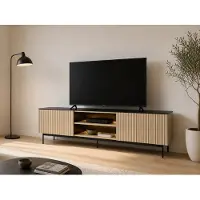 Vente-unique Tv-meubel 2 deuren en 2 nissen met ledverlichting in MDF en gerookt glas - Naturel licht en Zwart - SAYERA