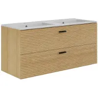 Vente-unique Zwevend badkamermeubel met inbouwwastafel - 2 laden - kleur: naturel gestreept - 120 cm - SARONE