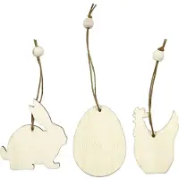 Packlinq Houten decoraties, konijn, ei, kip, afm 6 cm, dikte 3 mm, 9 stuk/ 1 doos