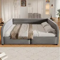OKWISH Kinderbed 140x200 met LED-verlichting, platformbed met opbergruimte en veiligheidsreling, tweepersoonsbed in grijs, zonder matras