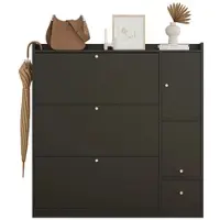 OKWISH Schoenenkast – 3 Kantellades En Zitbank – Hal Met Veel Opbergruimte – Spaanplaat Zwart – 119 x 24 x 122 cm