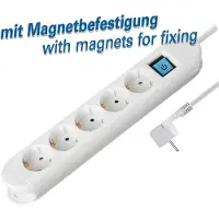 Transmedia Stekkerdoos met 5 contacten, schakelaar en magneetbevestiging / wit - 1,5 meter