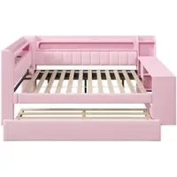 STILVORA gestoffeerd bed 140x200 cm, slaapbank met uitschuifbed en bureau, dagbed met USB-aansluitingen en LED-verlichting, roze