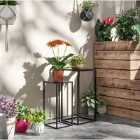 STILVORA Plantenstandaard 2-Delige Set – Compact En Stapelbaar – 25 X 25 X 58,5 Cm En 31 X 31 X 65 Cm – Staal – Zwart – Voor Balkon, Tuin En Terras