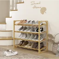 STILVORA Schoenenkast Ruimtebesparend 4 Niveaus Voor 12 Paar Schoenen 76 x 33 x 67 Cm Bamboe Natural Wood Voor Hal En Slaapkamer