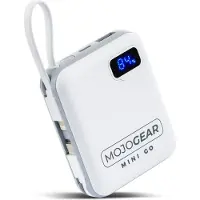 MOJOGEAR MINI GO 10.000 mAh Powerbank met ingebouwde kabels (USB-C en Lightning) - Tot 4 apparaten tegelijk opladen - Broekzakformaat - LED-display - Wit