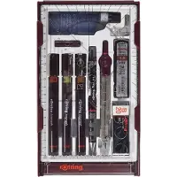 Rotring Isograph-pennenset technische pen en vulpotlood masterset | 3 fineliners (0,1 mm, 0,3 mm, 0,5 mm), vulpotlood (0,5 mm) en Kompas, plus accessoires | 10 stuks