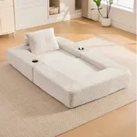 OKWISH modulaire sofa, ligstoel met bekerhouder en zijvak, opklapbare sofa, eenvoudig te monteren, geschikt voor kleine appartementen, beige