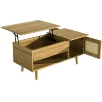OKWISH Salontafel - Liftbaar Tafelblad - 1 Deur Rattan-Look - Met Zwarte Accenten - Spaanplaat Lichtbruin+Zwart - 103x50x46/60 cm