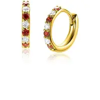 Zinzi 12mm gold plated zilveren oorringen bezet met ronde witte zirconia's en rood granaat kleurstenen 2mm buisdikte met luxe klapsluiting ZIO2558