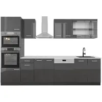 Vicco Complete keukeneenheid R-Line Antraciet Hoogglans 300 cm met hoge kast, WB Marmer, Model 53836