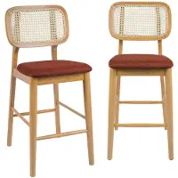 Sweeek - Set van 2 barkrukken van rubberhout met rotan en stof 66,5 cm - mani