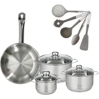 Fackelmann 9217650 Keukengerei Set Roestvrijstalen Koekenpan 28 cm Etherna & Roestvrijstalen Kookpannen 16/20/24 cm PFAS-vrij met 5 Keukengerei