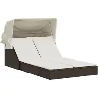 vidaXL Ligbed 2-persoons met luifel en kussens poly rattan bruin