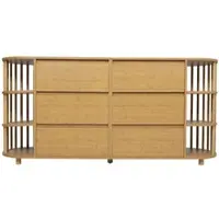 OKWISH Dressoir - Romeins Design Met Kolommen - 160x40x75 cm - 6 Lades + 2 Bamboeplanken - Eikenfineer Bruin - Verstelbare Poten - Kantelbeveiliging