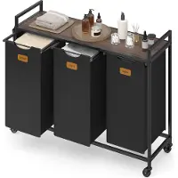Vasagle - Wasmand - Wasmand met Wieltjes - 3 Vakken - Met Opbergrek - 150 L Capaciteit