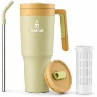 Motivai Travel Cup RVS Thermosbeker met Handvat & Rietje – 1.2L (40oz) – Lekvrij & Dubbelwandig – Drinkbeker To Go – Thermosfles Waterfles – Zand Geel