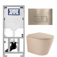 Geberit QeramiQ Dely Toiletset - 36.3x51.7cm - diepspoel - rimless - UP320 inbouwreservoir - softclose toilet zitting - 35mm - geborsteld messing bedieningsplaat - rechthoekige knoppen - mat beige