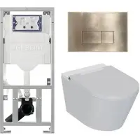 Geberit QeramiQ Luma Douche WC Set - UP320 inbouwreservoir - met Burda frame - fohn - ladydouche - geborsteld messing bedieningsplaat - rechthoekige knoppen - glans wit SW1247816/SW706201/0701131