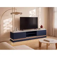 Vente-unique Tv-meubel met 2 lades en 2 nissen met ledverlichting - Mdf - Blauw met wit marmereffect - DEVIKA -