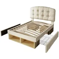 OKWISH Gestoffeerd Bed 90x200 cm - Verstelbaar Hoofdbord - Met Laden en Opbergruimte - Fluweel - Beige - Zonder matras