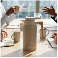 Klausberg Thermoskan - Vacuüm Thermosfles - Isolerende Koffiekan met Houten Handvat - BPA-vrij - 2 Liter - RVS 304 - Beige