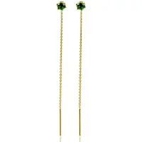 Zinzi 80mm gold plated zilveren doortrek oorbellen met chatonzetting 5mm groene kleursteen en sierlijk kettinkje ZIO2576GG