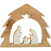 J-Line kerststal in boom mangohout - wit/natuurlijk - 32 x 4 x 38 cm