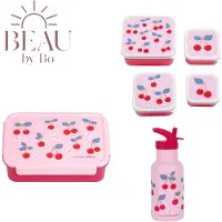 A Little Lovely Company Bundel Back to school set - Drinkfles RVS/4 Snackdozen/Bentobox - Kersen