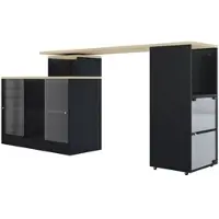 OKWISH Barmeubel – Uittrekbare Bartafel Met Opbergruimte – Draaibaar En Uitschuifbaar – 3-in-1 Scheidingskast/Bar/Sideboard – MDF+Glas Zwart