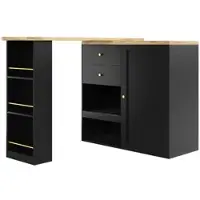 OKWISH Dressoir – Modulair 360° Draaibaar Bergmeubel – 3-Lagen Zijplank Roterend – 4 Laden – 105x39x102 cm Vast Deel / 35x14x104 cm Rotatie Deel – MDF Zwart – Galvaniseerde Gouden Handgrepen