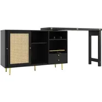 OKWISH Buffetkast – 360° Draaibaar Uitklapbaar – 107×40×71,4 cm Uitbreidbaar 187×40×76 cm – Rotan Deuren – 1 Lade Open Vakken Gouden Poten – MDF Zwart